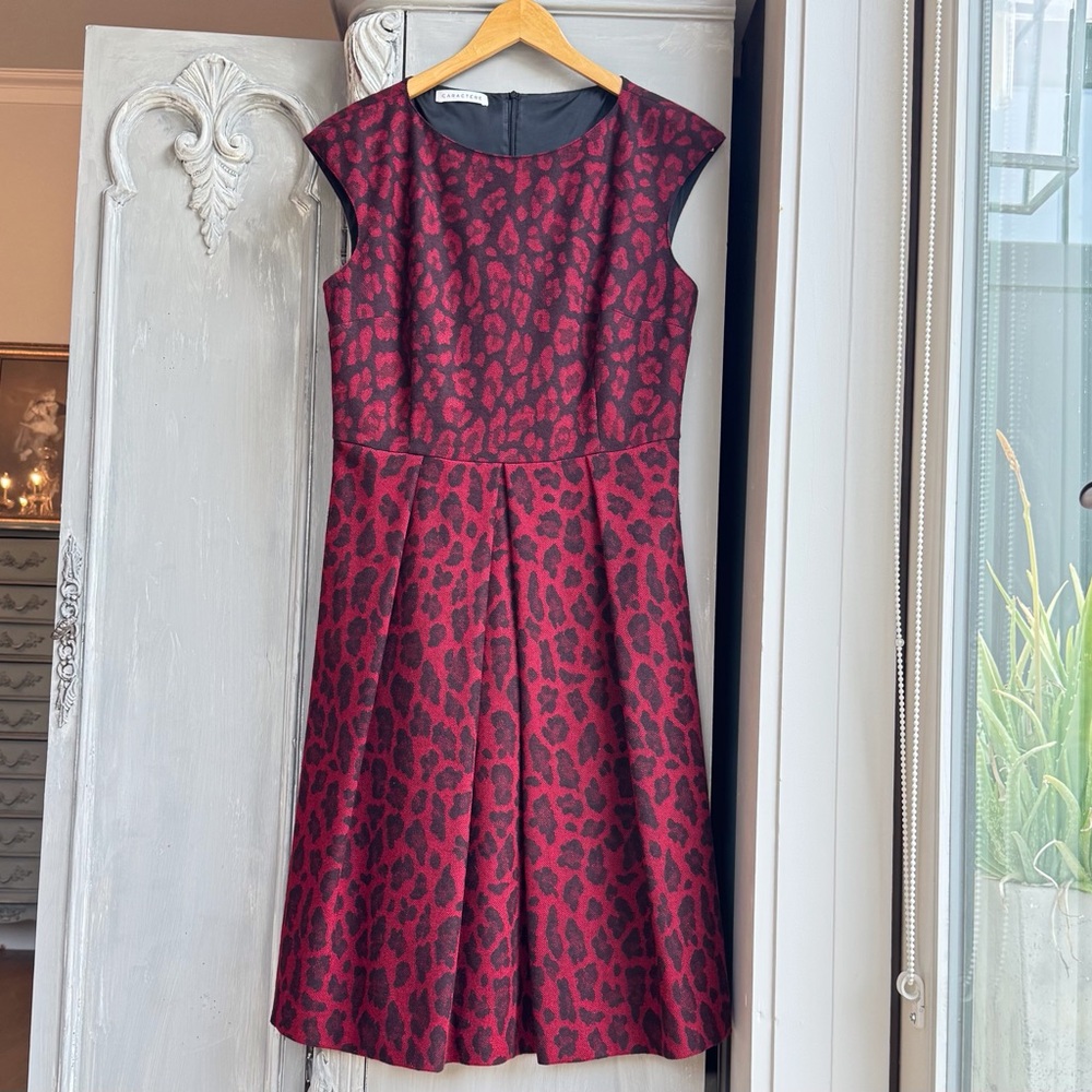 Wool Midi Dress Sz 10 Tailored Animal Print Red & Black Short Sleeve CARACTERE